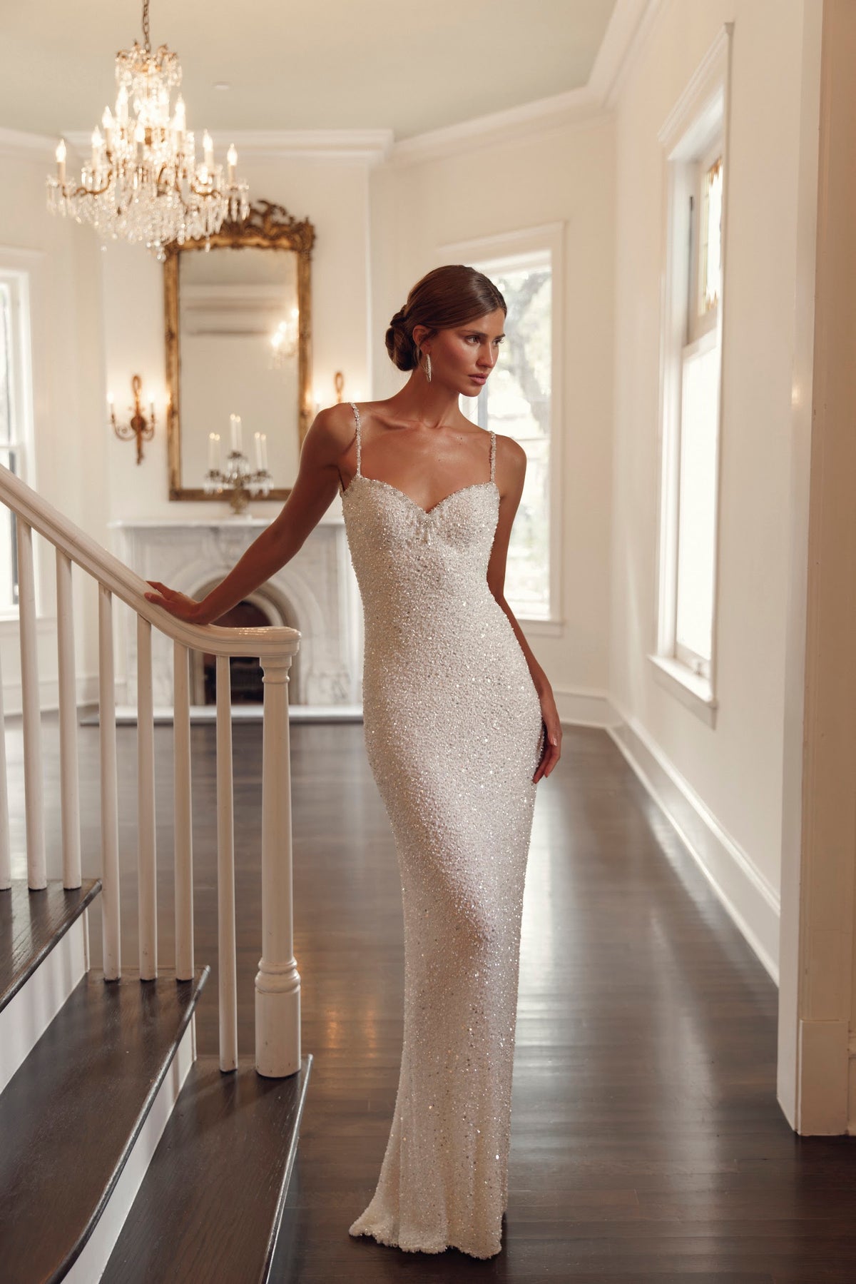 Front view of Julie Vino Valentina 3201 fitted beaded wedding dress with a sweetheart neckline and slim embellished straps.