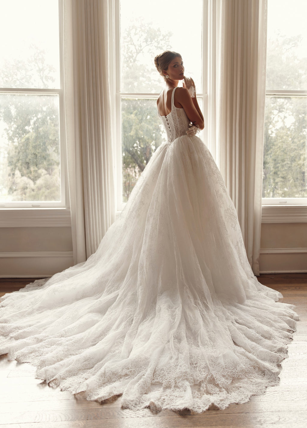 Back view of Mimosa by Julie Vino Brigette MB27-22 wedding dress styled strapless, with a full lace skirt and broad sweeping train.