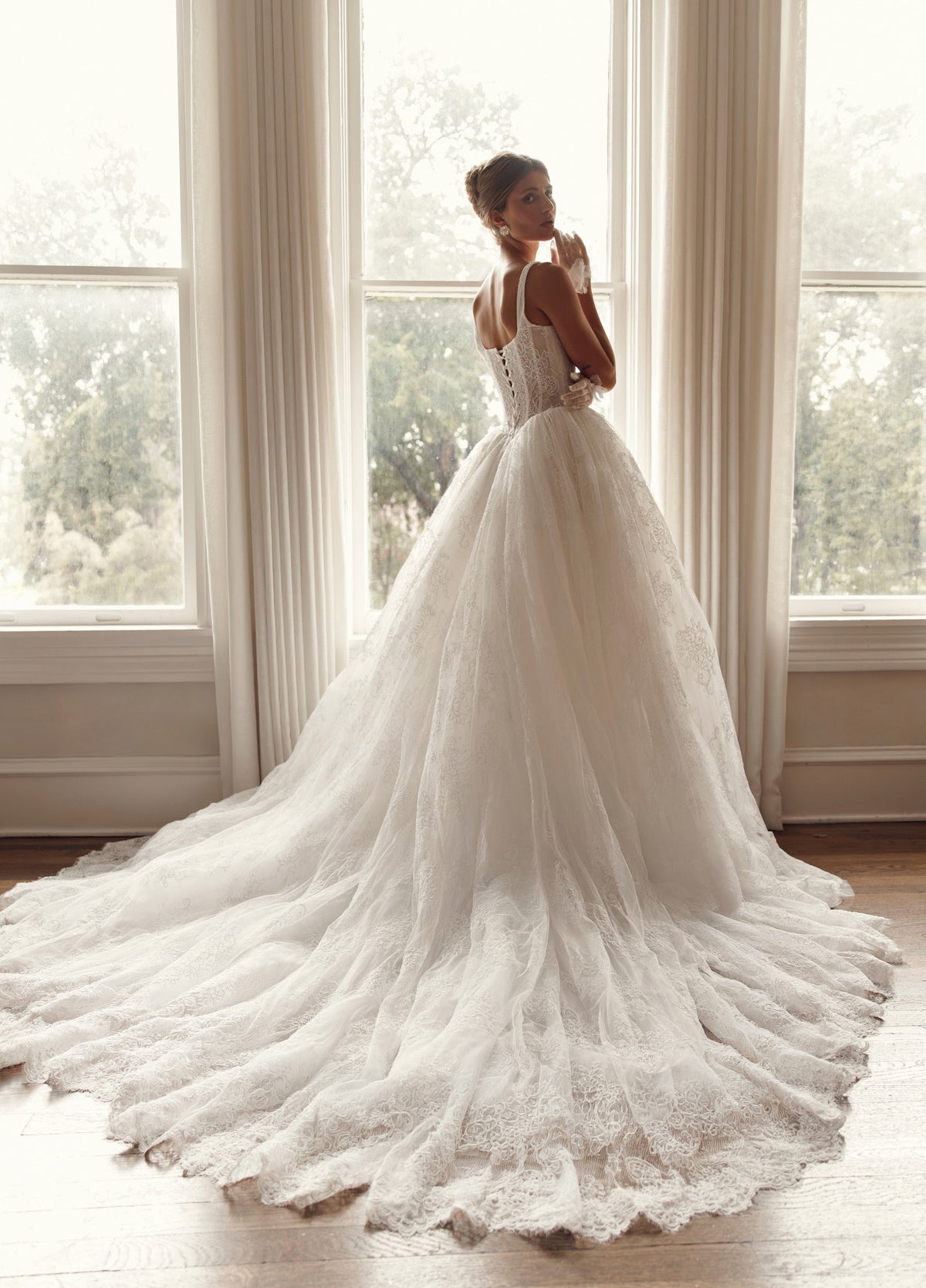 Back view of Mimosa by Julie Vino Brigette MB27-22 wedding dress styled strapless, with a full lace skirt and broad sweeping train.