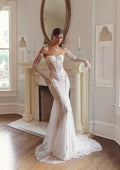 Front detail of Giselle MB27-30 by Mimosa by Julie Vino, showing the sweetheart corset bodice, floral lace and sheer off-the-shoulder long sleeves.
