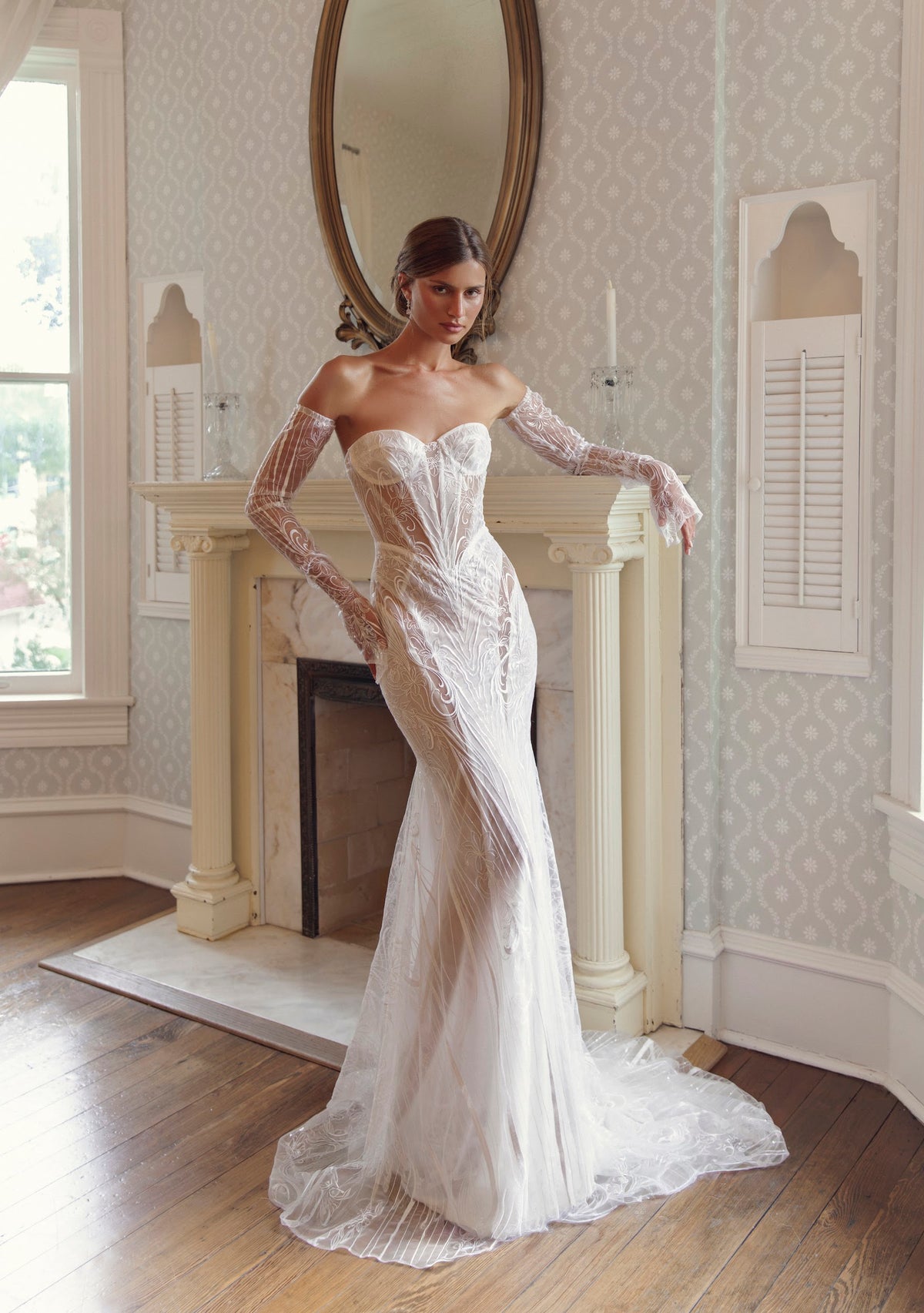 Front detail of Giselle MB27-30 by Mimosa by Julie Vino, showing the sweetheart corset bodice, floral lace and sheer off-the-shoulder long sleeves.