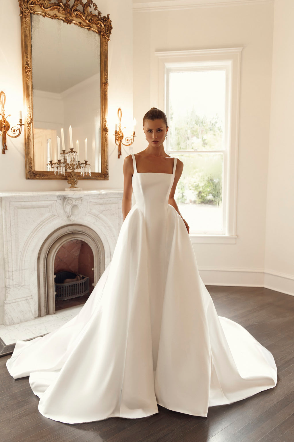 Front view of Jessica PR32-33 by Pure by Julie Vino, showing the square neckline, slim straps, sculpted bodice and full A-line skirt.
